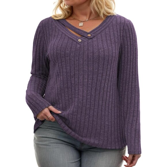 Plus Size Women's Knitted V Neck Top Long Sleeve Casual Blouse - Picture 2 of 7